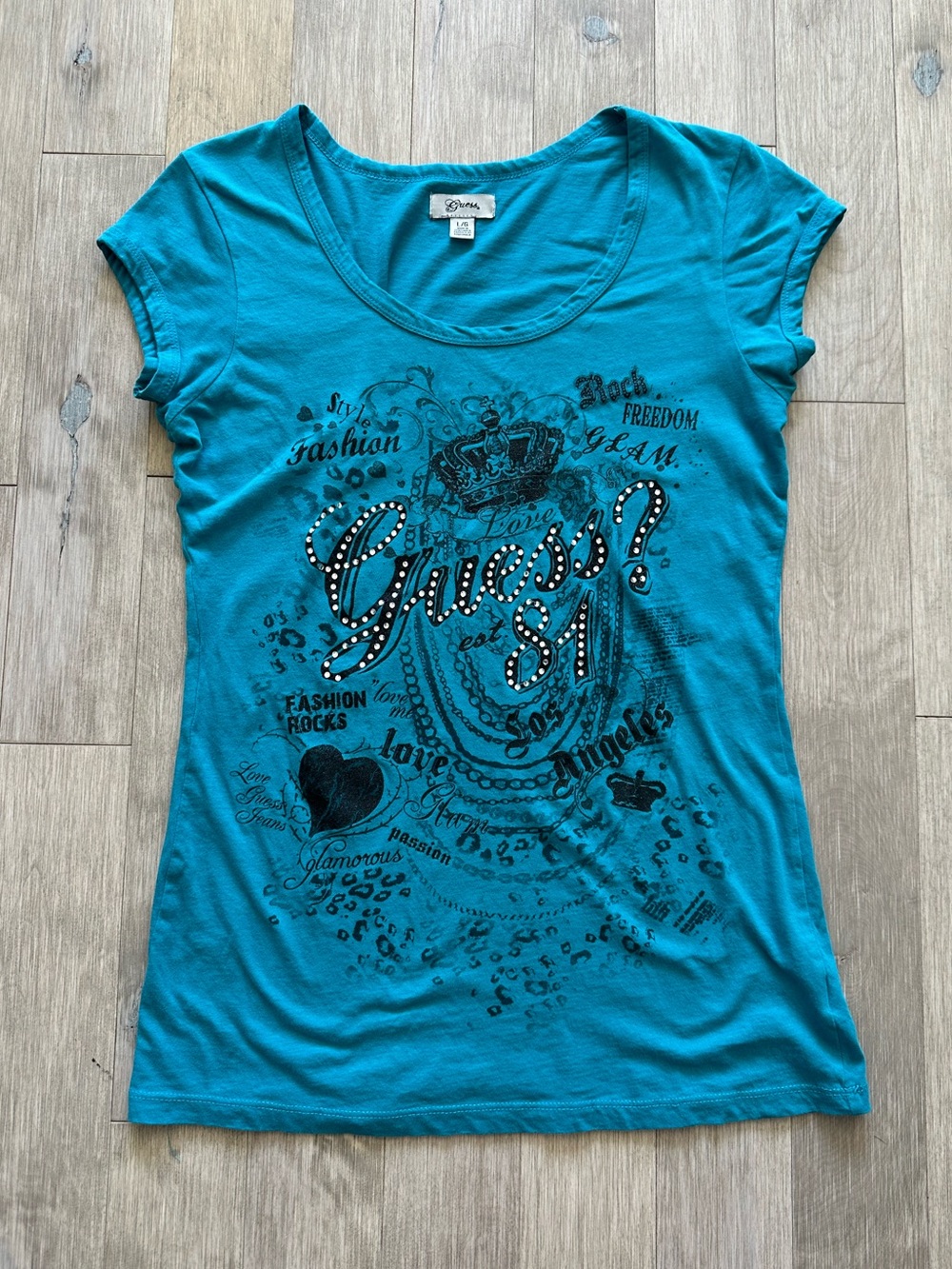 Guess 81 Y2K Teal Short Sleeve Graphic Scoop Neck Tee Size Large